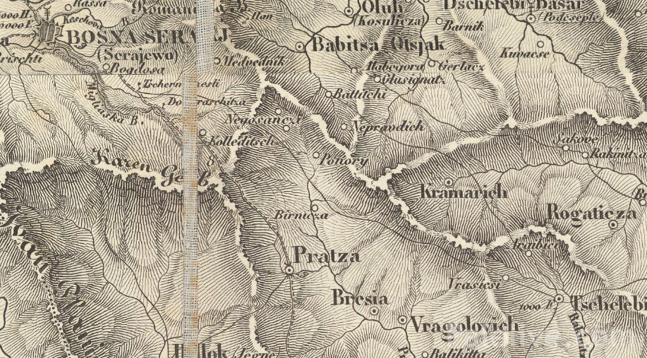 Стара хабзбуршка мапа на којој је уцртана Миглиаска Б. (Migliaska B.). На мапи су уцртани и Ћеремитли хан (Tsehermesli) који се налазио у Дервенти, као и село Коледићи (Kolleditsch - изнад Подвитеза)
