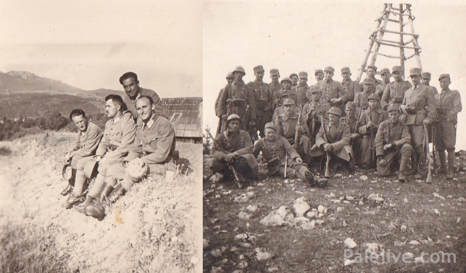 Лијево: Четворица домобранских часника, 1942. година. Занимљиве рупе на капи. Десно: Домобрани с дочасницима 1942.