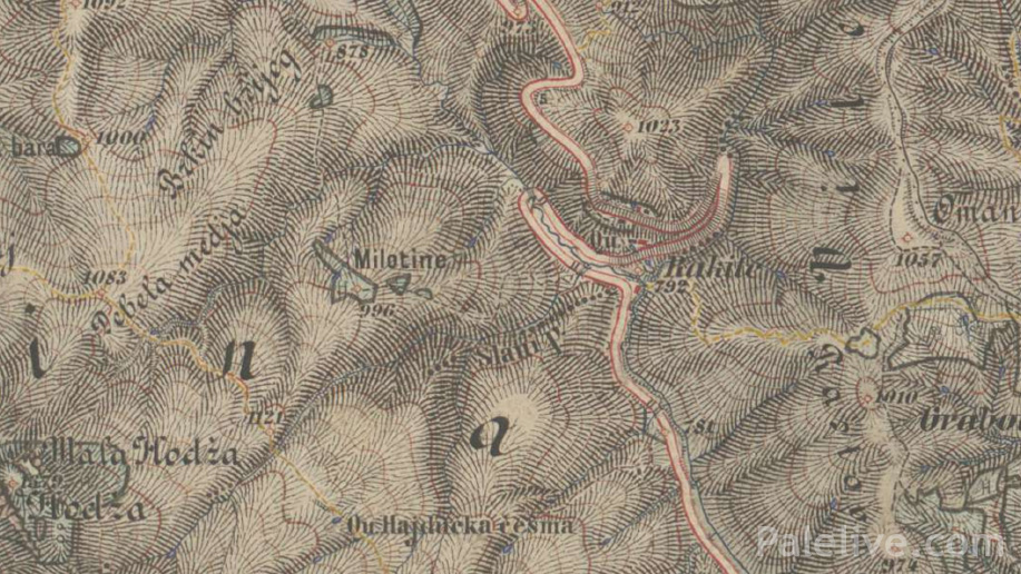Аустроугарска мапа с краја 19. вијека на којој у Милотини није уцртан ниједан објекат