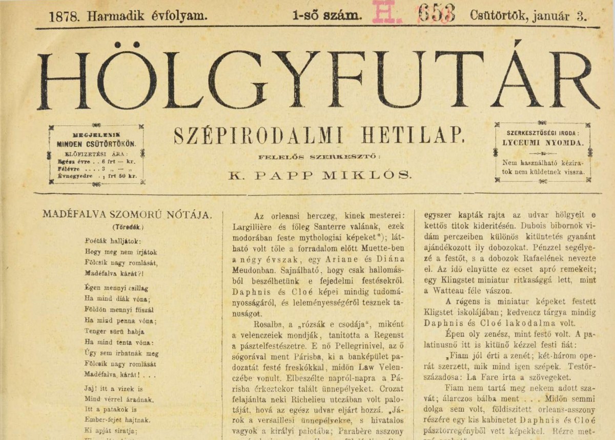 Угарски недјељник Hölgyfutár који је објавио причу о Гавру Јакшићу 1878. године.