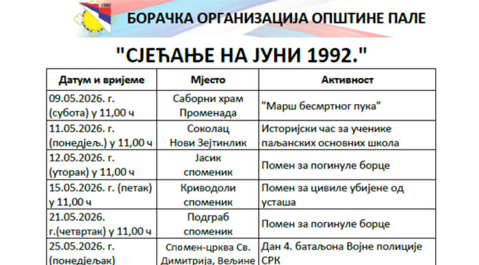 „Дани сјећања на јуни 1992. године“: Борачка организација Пале организује 14 догађаја у част погинулим борцима