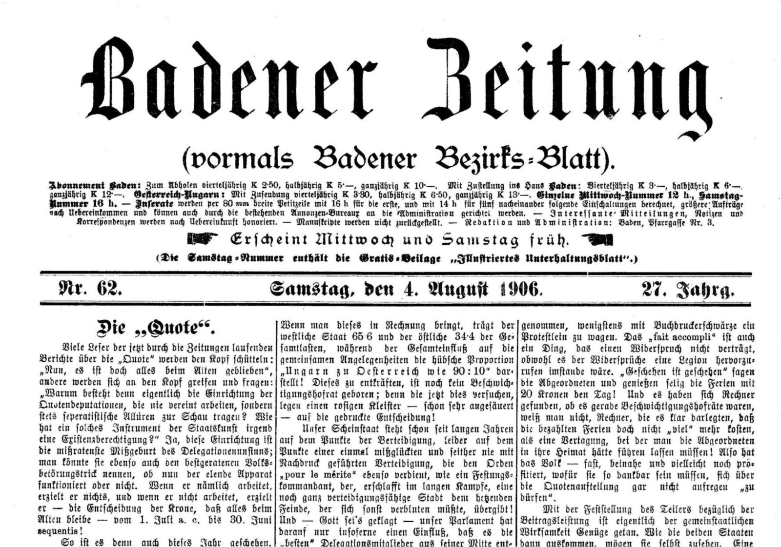 Баденске новине (раније Окружни лист Бадена) 4. август 1906. године