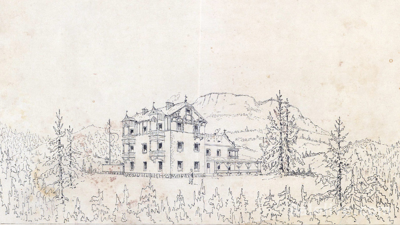 Перспективни приказ Хотела Пале из пројекта из 1907. године. У позадини Романија.