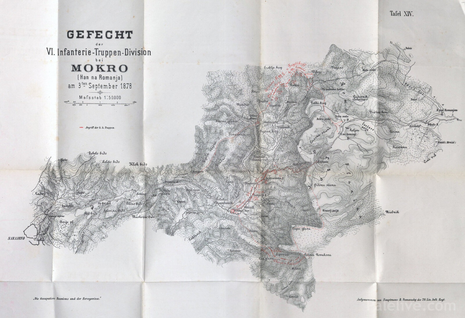 Карта борбе VI. пјешадијске дивизије код Мокрог (Хан на Романији), 3. септембар 1878. (Табла XIV, размјер 1:50.000). Терен је снимио капетан Р. Домански из 29. линијског пјешадијског пука, а карта је објављена као прилог званичног дјела бечког Ратног архива „Die Occupation Bosniens und der Hercegovina“ (Беч, 1879/80). На карти је стари пут од сарајевског Кастела преко Рес-хана, Кобиље главе и Брезовица-хана до Бимбаши-хана, Мокрог и Карауле на Романији, а затим даље преко Хана на Романији и Чавчевог поља до Хана под Романијом. Црвене линије означавају кретање три колоне дивизије фелдмаршал-лајтнанта Тегетхофа. Средња колона пуковника Питела нападала је уз серпентине изнад Мокрог, гдје је у зору упала у засједу. Лијева колона, коју је водио сам Тегетхоф, ишла је обилазно преко Бијеле стијене, Товарнице, Кадиног Села и Зелене воде. Десна колона лутала је по магли преко Јеловаца, Шиповице, Лупе главе и Красуљ поља. Романија је заузета око два сата послије подне 3. септембра 1878. године. Извор: Universitäts- und Landesbibliothek Tirol, Инсбрук (дигитална збирка).